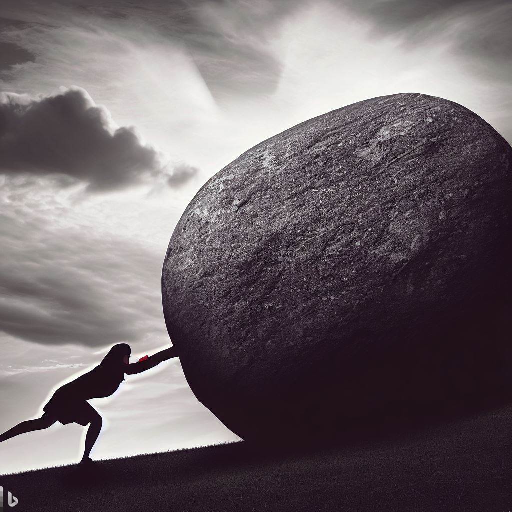 A woman pushing a huge boulder up a hill is a metaphor that can illustrate the challenges and struggles of living with rolling PEM. The woman represents someone with ME/CFS who has to deal with constant fatigue and pain. The boulder represents the burden of PEM that weighs them down and makes every movement difficult. The hill represents the unpredictability and variability of PEM that makes it hard to plan ahead and cope with changing symptoms. The image can also convey the sense of frustration and hopelessness that some people with ME/CFS may feel when they face rolling PEM.