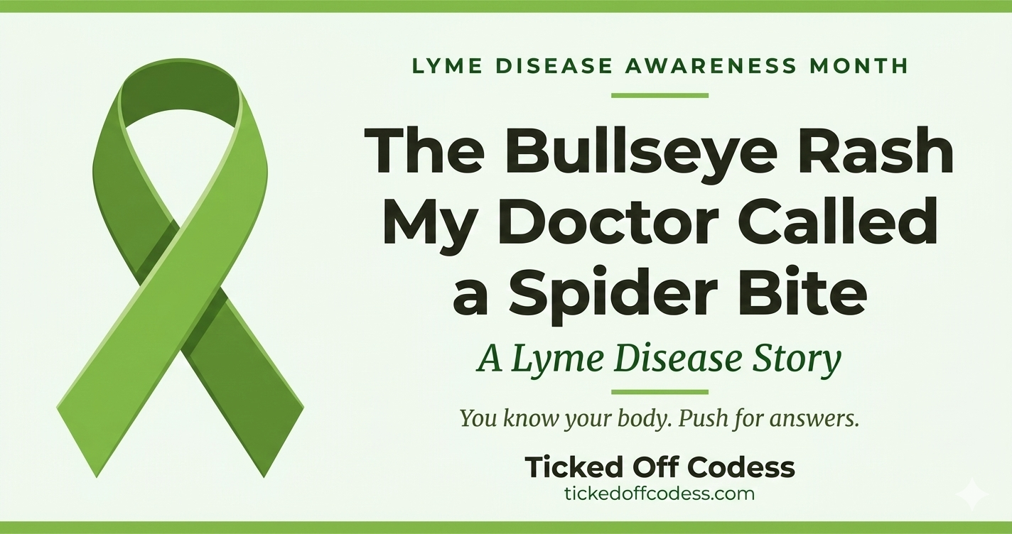 Lyme disease awareness ribbon in green with blog post title The Bullseye Rash My Doctor Called a Spider Bite and Ticked Off Codess branding